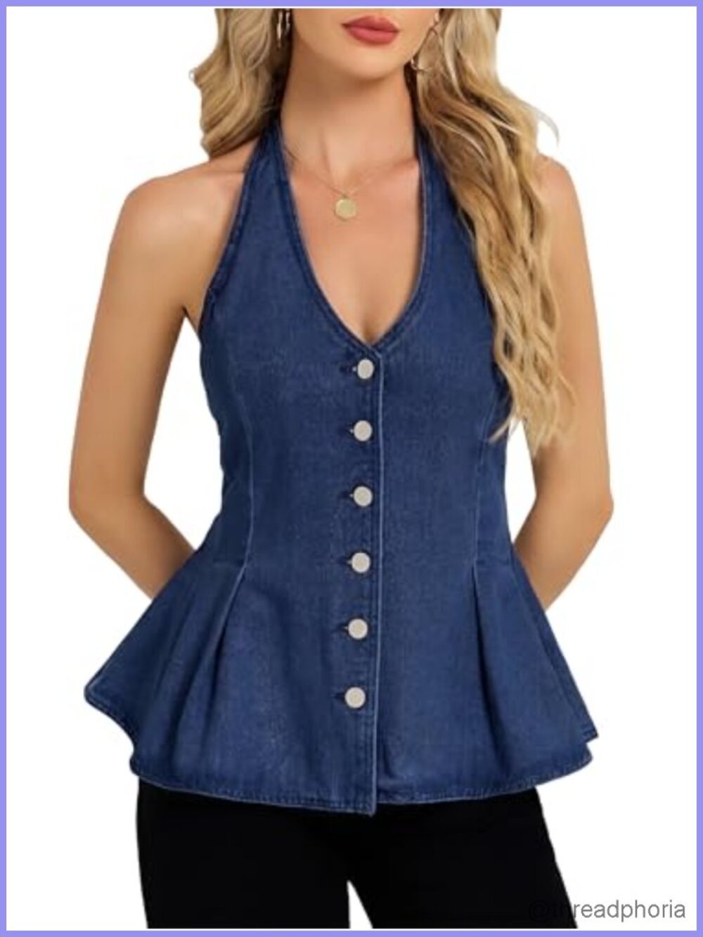 Women's Halter Denim Vest Top Backless Ruffle Hem Sleeveless Button Down Peplum